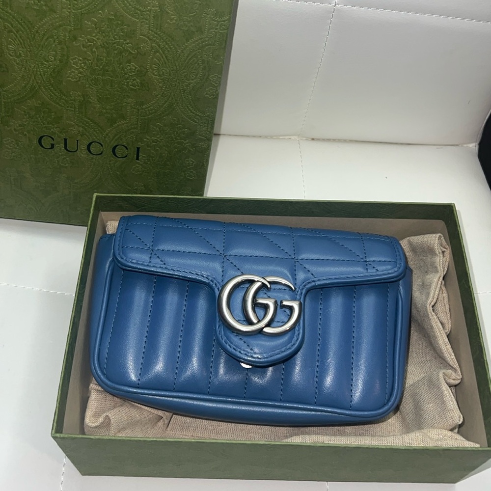 New Gucci Calfskin Matelasse Aria Super Mini GG Marmont Shoulder Bag Clear Blue